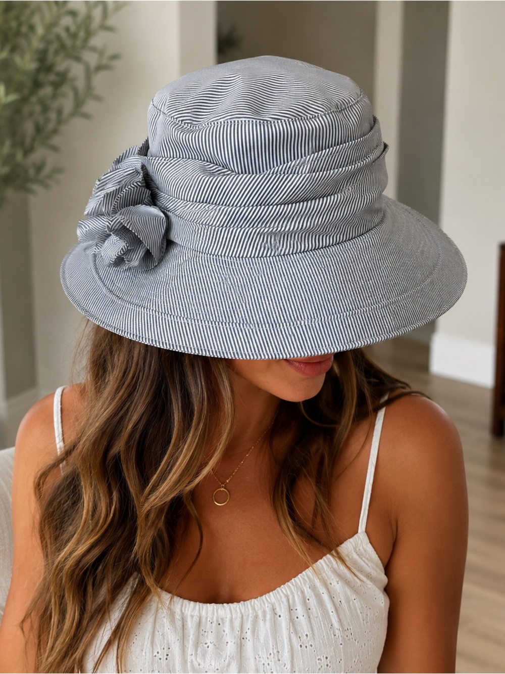 Jeanne Simmons Gray Pinstripe Cloche Sun Hat Floral Accent Wide Brim